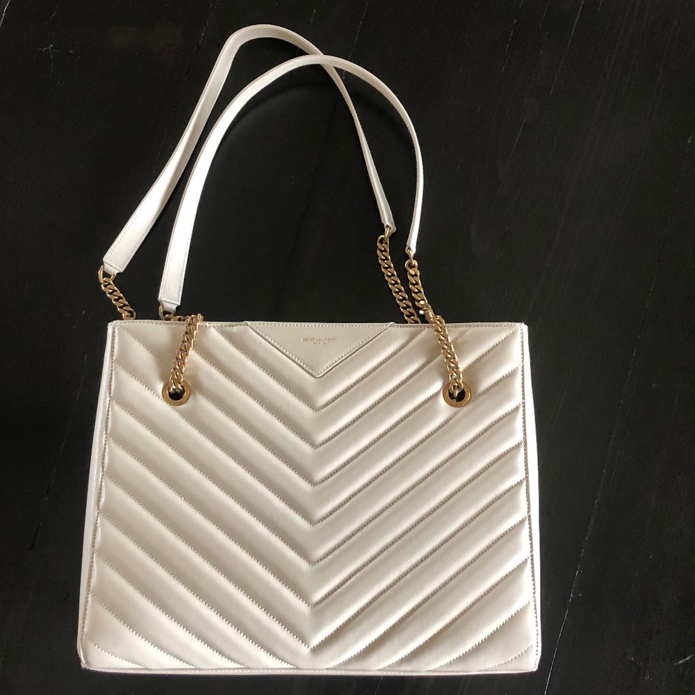 Saint Laurent Cream Quilted Leather Tote with Gold Chain Straps